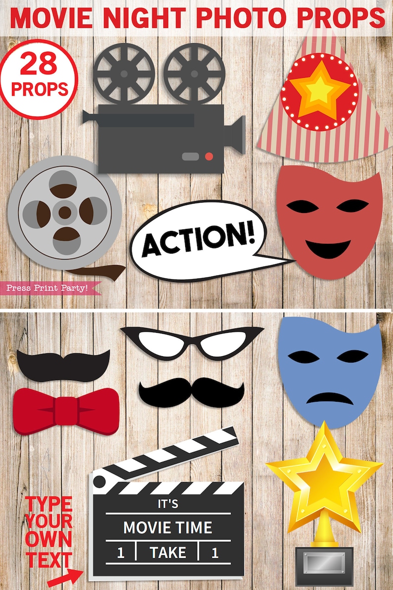 Movie Night Props, Printable Photo Booth, Birthday Party, Oscar, Camera, Clapper, Hat, Cotton Candy, Popcorn, Movie Reel, INSTAND DOWNLOAD image 3
