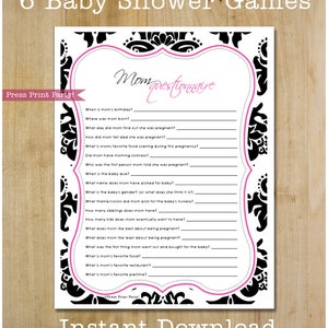 Baby Shower Game Pack Printable, Girl Baby Shower, Elegant Baby Shower, Black & Hot Pink Damask, Baby Scramble, Baby Bingo, INSTANT DOWNLOAD image 2