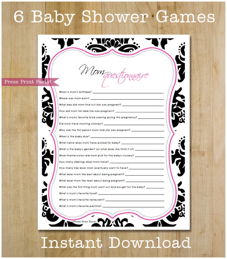 Baby Shower Game Pack Printable, Girl Baby Shower, Elegant Baby Shower, Black & Hot Pink Damask, Baby Scramble, Baby Bingo, INSTANT DOWNLOAD image 2