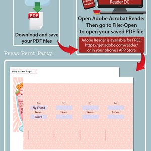 May include: Editable printable PDF files for silly straw tags. The PDF files feature a pink background with white polka dots and a cartoon strawberry milkshake. The text "To:" and "From:" are highlighted in pink, indicating editable fields. The text "Silly Straw Tags" is at the top of the page.