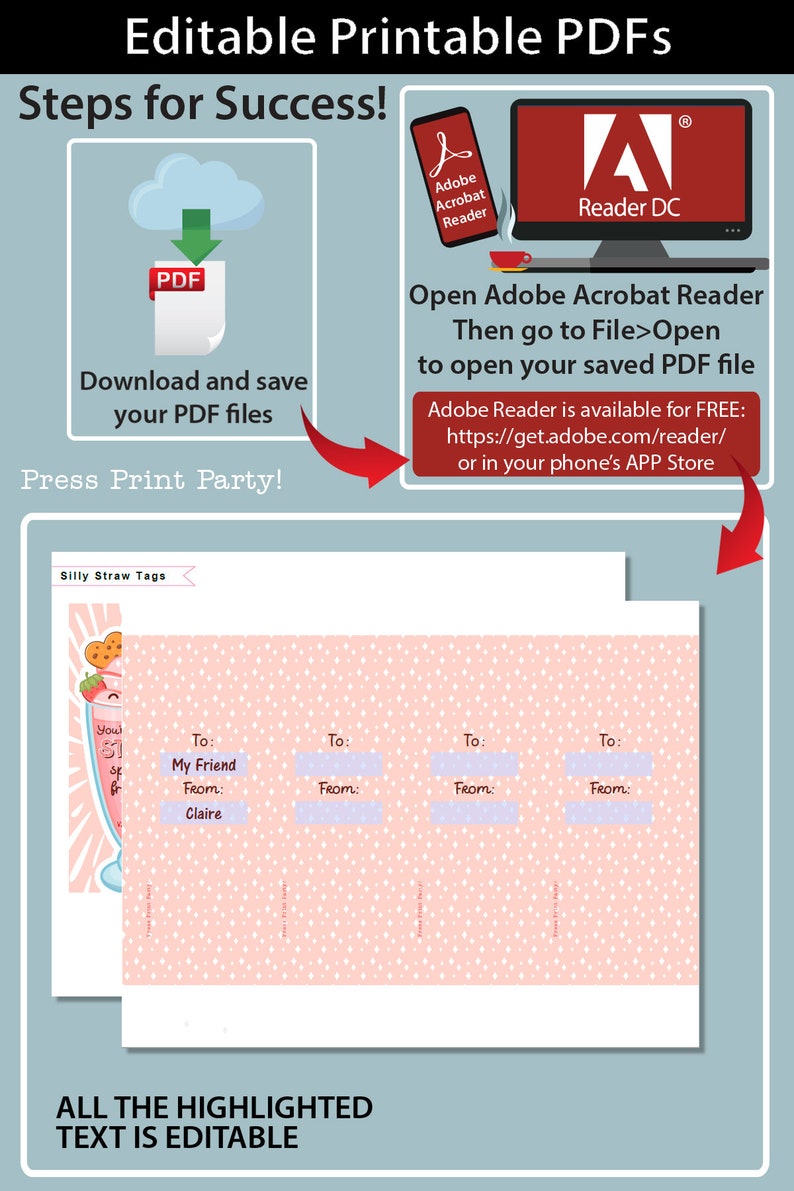 May include: Editable printable PDF files for silly straw tags. The PDF files feature a pink background with white polka dots and a cartoon strawberry milkshake. The text "To:" and "From:" are highlighted in pink, indicating editable fields. The text "Silly Straw Tags" is at the top of the page.