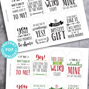 funny Christmas tags, holiday gift tags, 80 sayings black white and red and green color designs. Hilarious messages  Christmas gifts Gift for her, gift for him, gift for coworkers, gift for kids Gift wrapping white elephant Press Print Party!