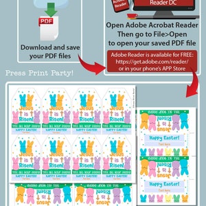 May include: Printable Easter tags featuring a colorful illustration of Peeps candy with the text "Jesus is Risen!" and "Tell all your peeps! Happy Easter!"  The tags are editable and can be personalized with text.