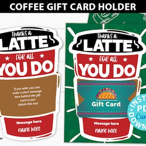 Teacher Appreciation Gift Coffee Card Holder, Teacher Thank You Card, Teacher Gift, Gifts for teacher, Thanks a Latte, INSTANT DOWNLOAD
