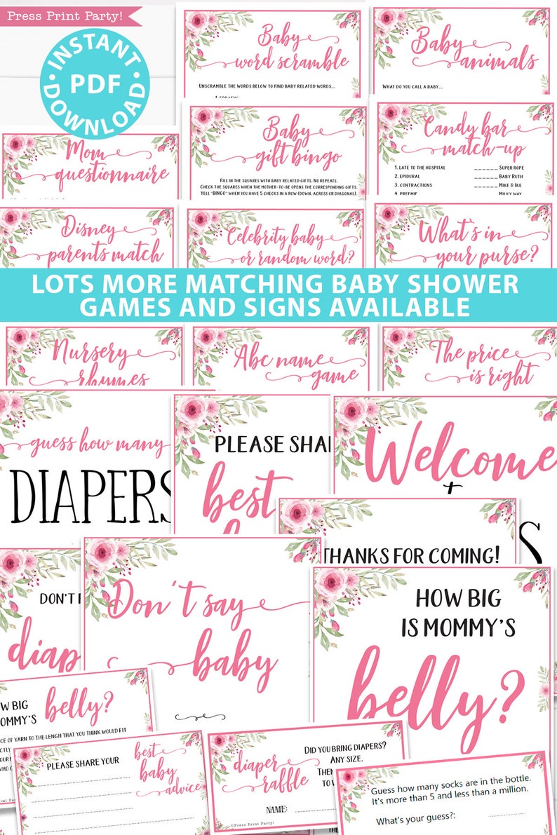 Baby Shower Games Bundle Printable, Pink Flowers, Games Pack, Unique Baby Shower Games, Funny Activities, Baby Girl, Bingo, INSTANT DOWNLOAD image 10