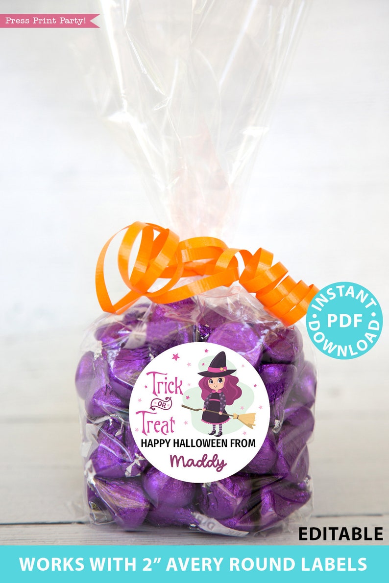 Halloween Labels Printable Avery 2 Round Labels Custom Editable text Halloween treat sticker Purple Witch Printable Favor Sticker Template image 1