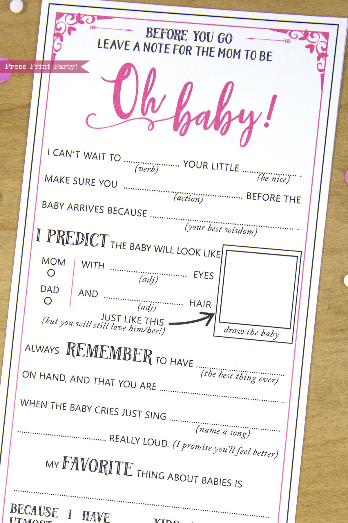 Baby Shower Mad Libs Advice Card Baby Girl Hot Pink Etsy