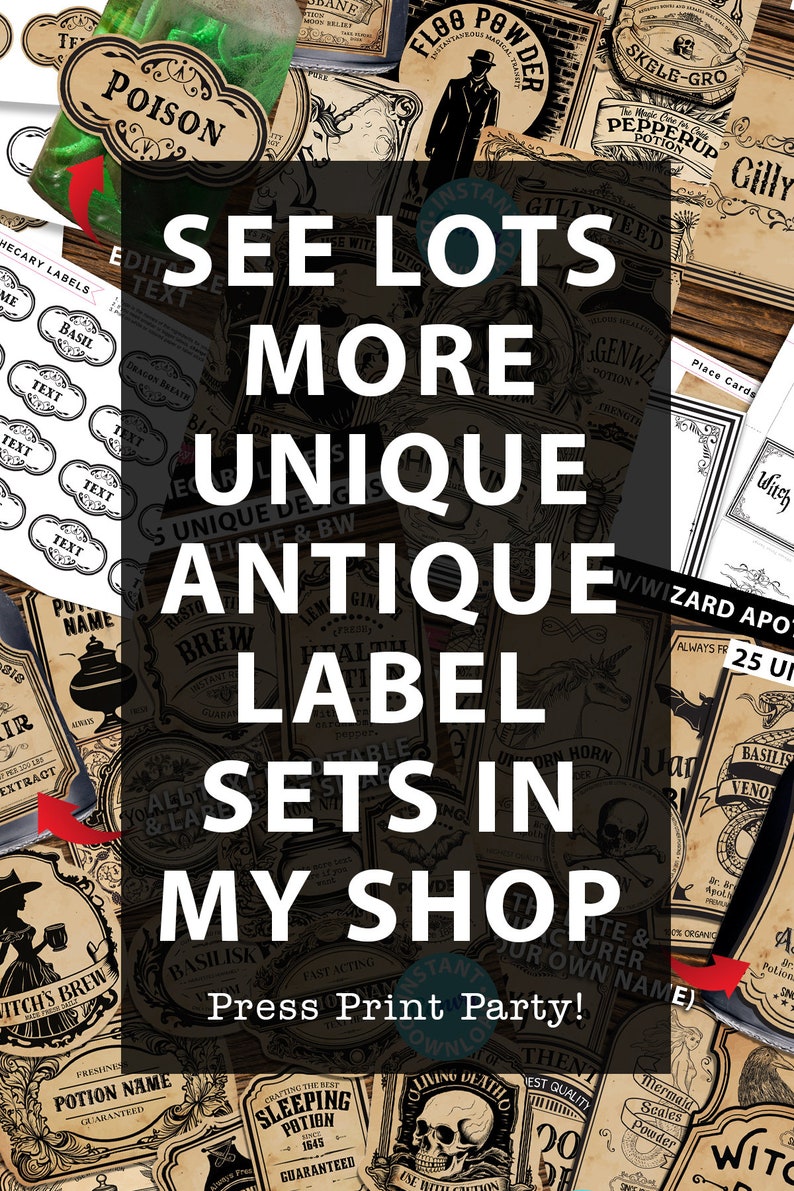 Harry Potter Potions Labels Printable Digital Download Stickers Vintage Apothecary Labels Floo Powder, Polyjuice Potion, Veritaserum, Amortentia, Felix Felicis, Skele-Gro, Pepperup, Dittany, Felix Felicis, Wolfsbane, Skele-Gro.