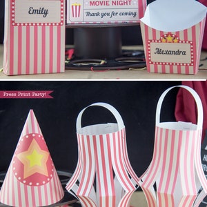 Op de afbeelding: Printbare feestzakjes en hoeden met een filmthema. De zakjes zijn rood-wit gestreept met een marquee-ontwerp en de tekst "Filmavond" en "Bedankt voor je komst". De hoeden zijn rood-wit gestreept met een ster aan de voorkant. De zakjes hebben de namen "Emily" en "Alexandra" erop.