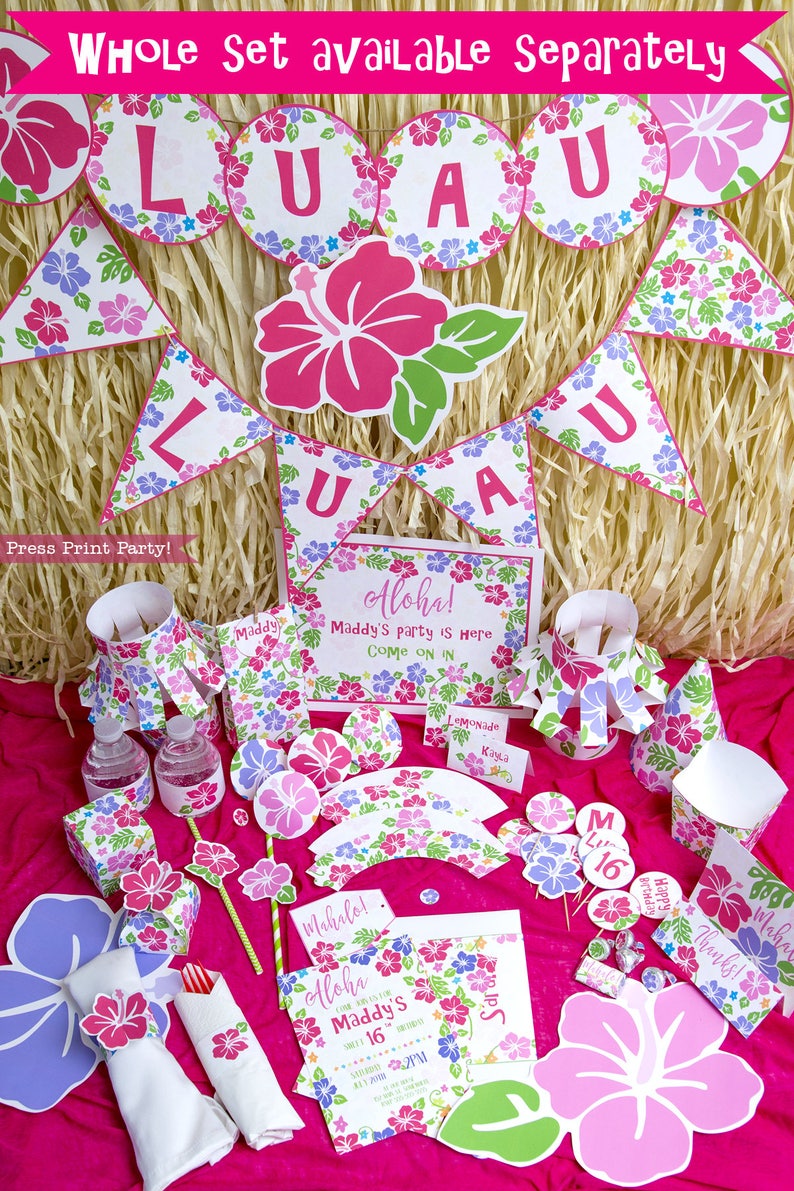 May include: A luau themed party set with pink, purple, and green floral designs. The set includes a banner, cupcake wrappers, cupcake toppers, favor boxes, water bottle wrappers, a sign, and a large hibiscus flower cutout. The text on the sign reads "Aloha! Maddy's party is here Come on in".