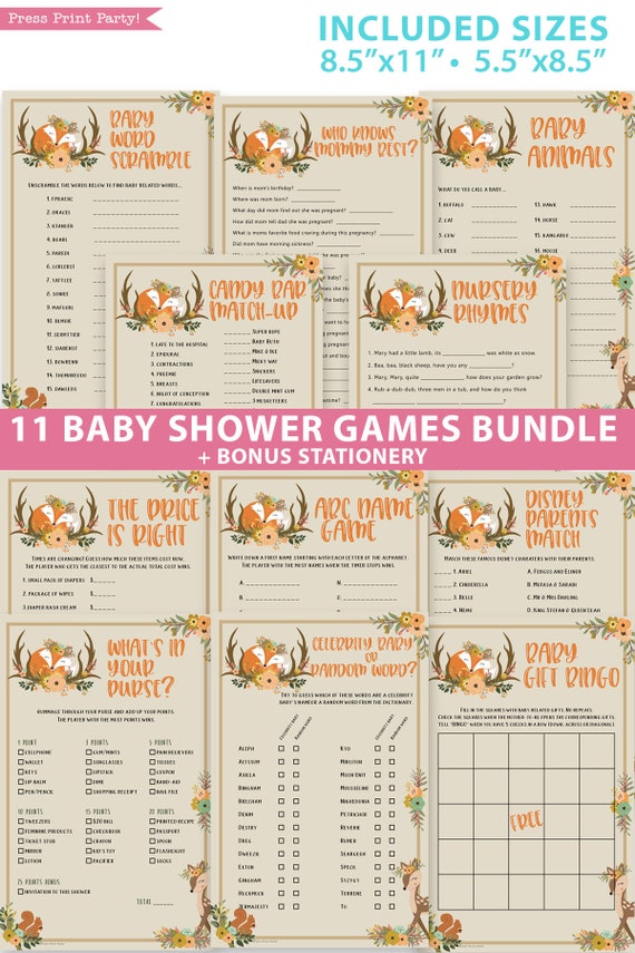 Woodland Baby Shower Games Bundle Woodland Baby (Instant Download