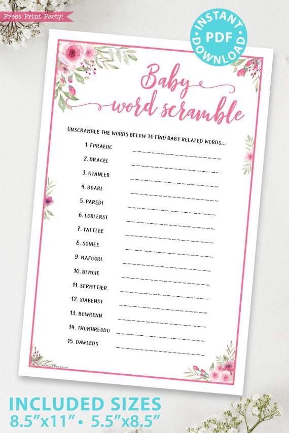 Baby Word Scramble Baby Shower Game Printable, Pink Flowers Baby Shower Game Template, Funny Baby Shower Activities, INSTANT DOWNLOAD Il_570xn