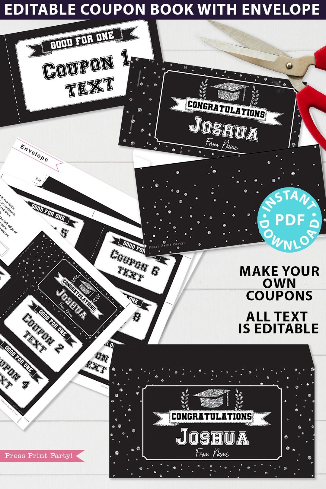 Graduation Coupon Template Printable Gift Idea, for Grads, Silver Blank