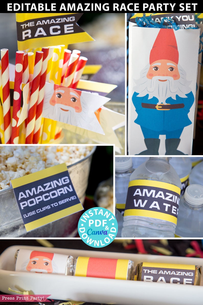 Amazing Race Party Decorations, editable clue cards, invitations. Make your own Amazing Race Challenges great for birthday party. Road Block Route info Speed bump fast forward face off u-turn banners signs canva and pdf