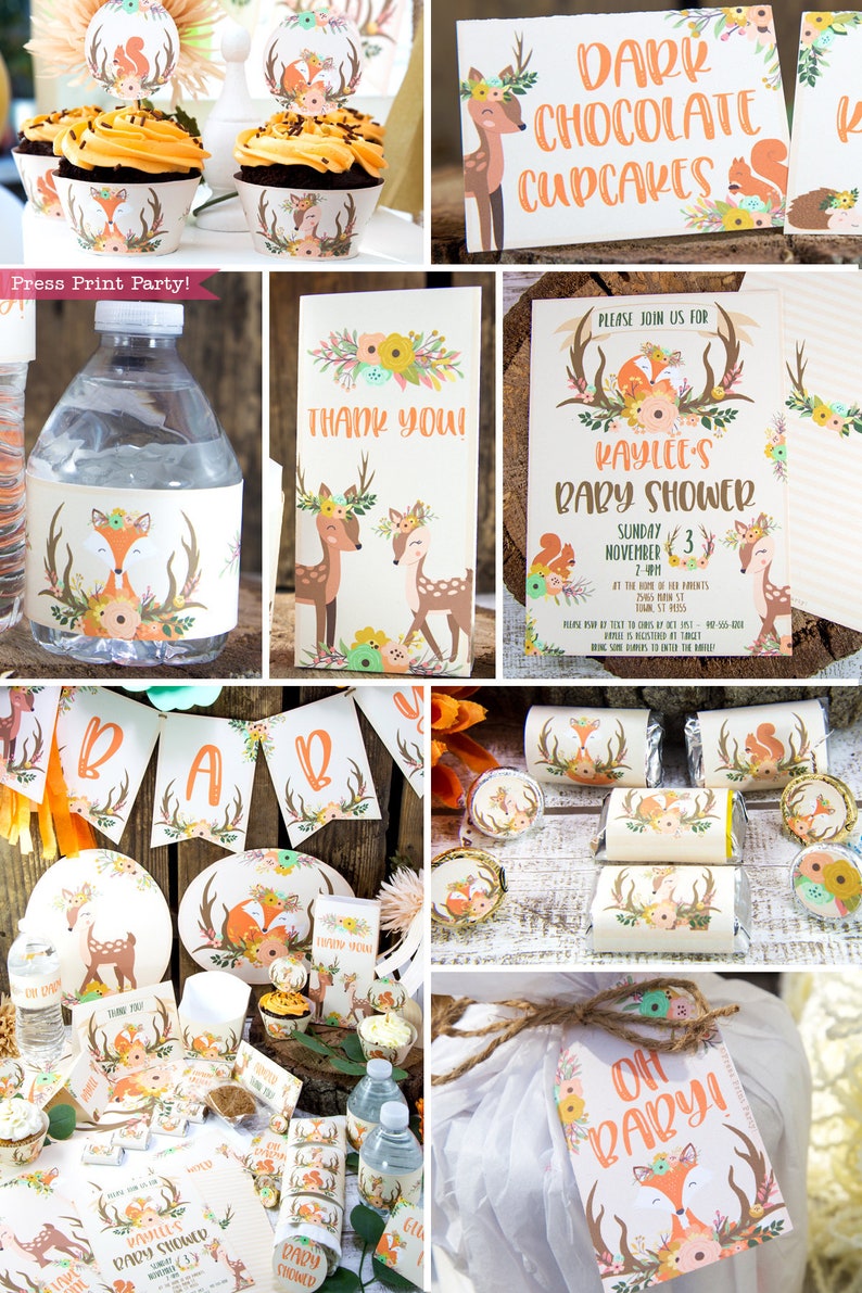May include: A woodland themed baby shower party with decorations featuring deer, foxes, and squirrels. The decorations include cupcake wrappers, water bottle labels, favor bags, and a banner that says "Baby".