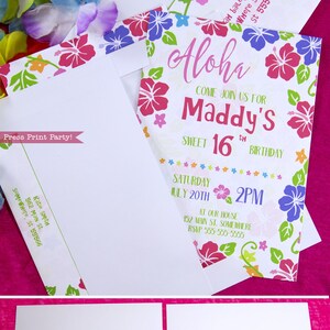 May include: A white invitation with a tropical floral design. The invitation says "Aloha" and "Come join us for Maddy's Sweet 16th Birthday". The invitation also includes the date and time of the party, "Saturday, July 20th, 2PM", and the location, "At our house, 152 Main St. Somewhere".