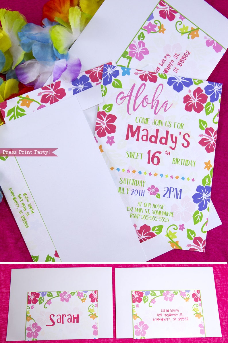 May include: A white invitation with a tropical floral design. The invitation says "Aloha" and "Come join us for Maddy's Sweet 16th Birthday". The invitation also includes the date and time of the party, "Saturday, July 20th, 2PM", and the location, "At our house, 152 Main St. Somewhere".