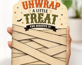 Vintage Mummy Gift Card Holder, Editable Canva 5x7 Halloween Printable Template, Wrapped Monster Appreciation Treat, Retro Thank You Present