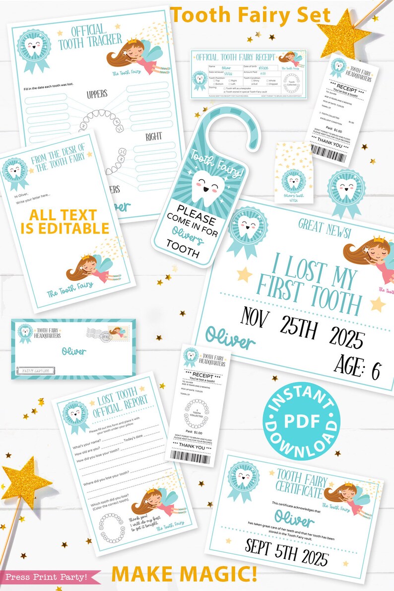 editable tooth fairy letter printable kit receipts boy blue etsy