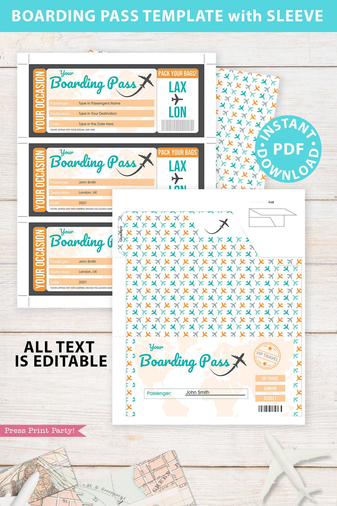 Boarding Pass Template W. Holder Editable Text Printable Etsy