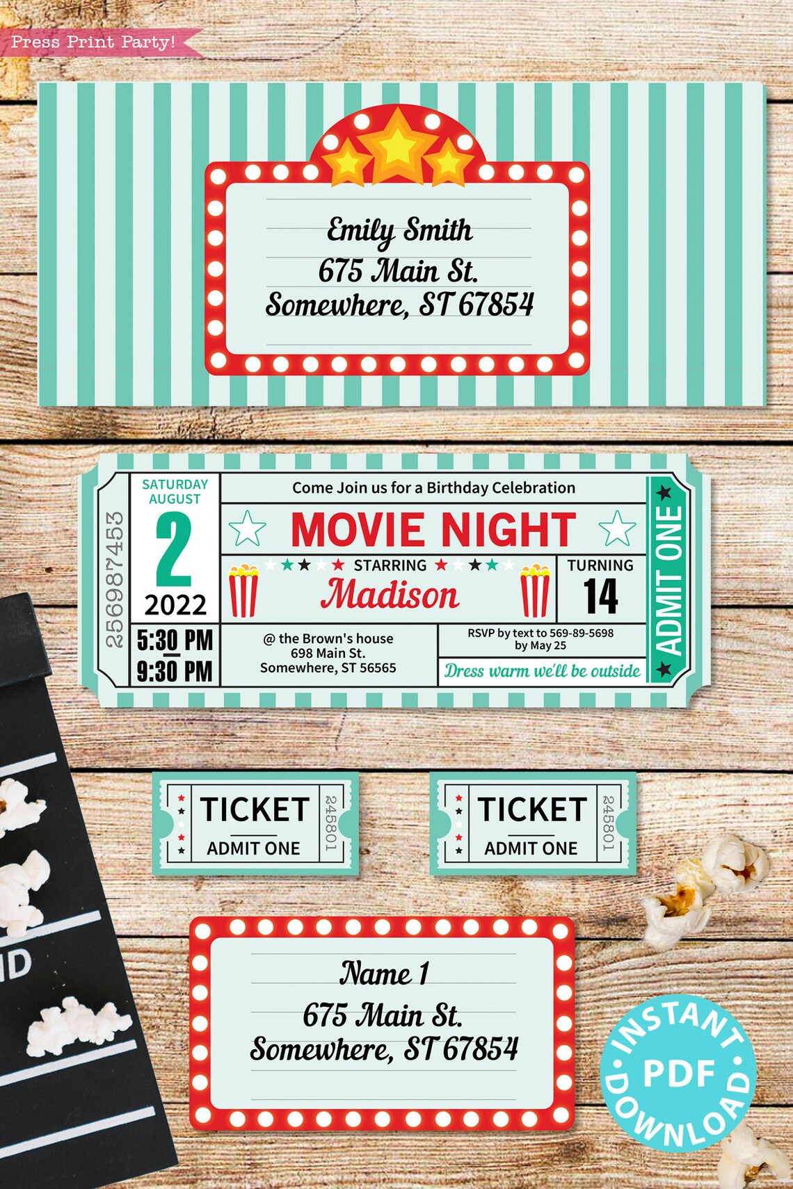 Movie Night Party Printables Teal Rustic Movie Night - Etsy