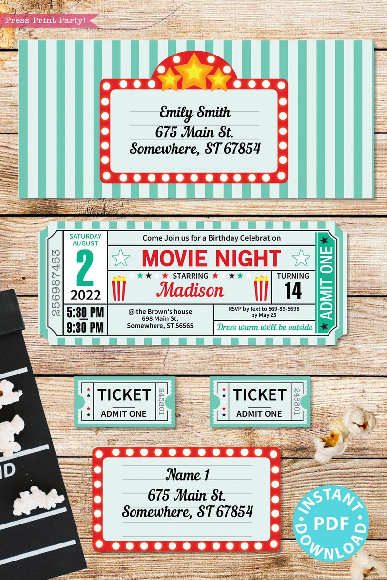 Movie Night Party Printables Teal Rustic, Movie Night Invitation, Birthday Party, Movie Night Sign, Popcorn Box, Toppers, INSTANT DOWNLOAD image 3