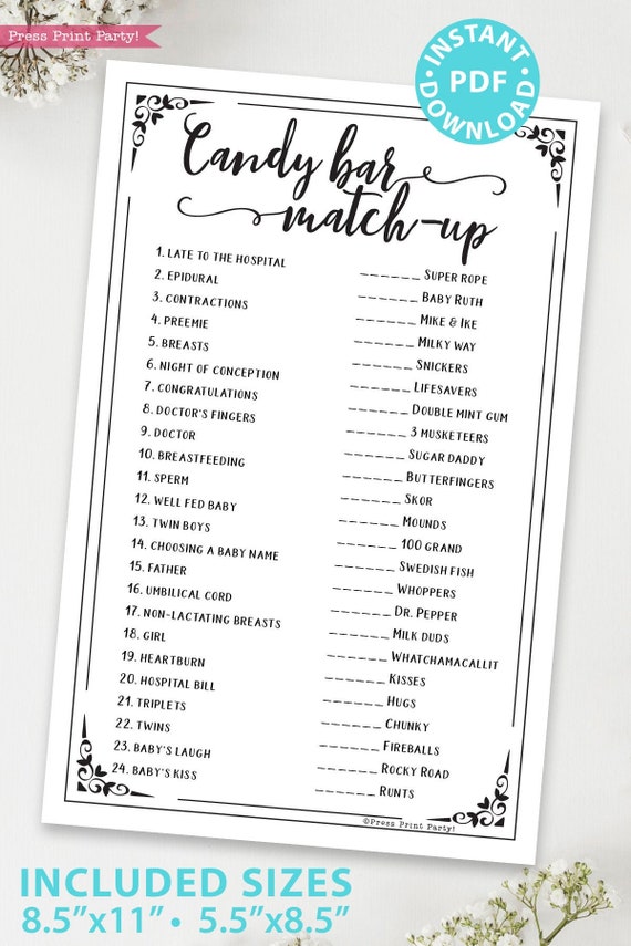 Candy Bar Match-up Baby Shower Game Printable, Unique Baby Shower Game  Template, Funny Baby Shower Activities, Rustic, INSTANT DOWNLOAD (Download  Now) 