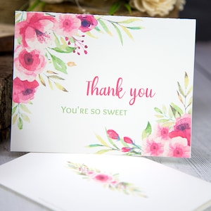 Thank You Cards Printable Template Set, Pink Florals, 4 Designs, 100% ...