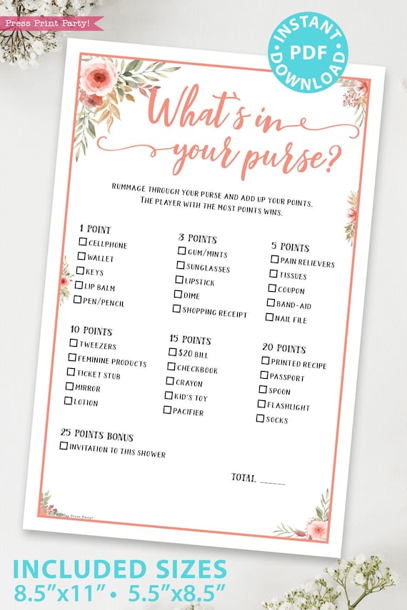 What's in Your Purse Baby Shower Game Printable, Bridal Shower Game Template, Peach Flowers, Funny Shower Activity, Rustic, INSTANT DOWNLOAD by Press Print Party! | Catch My Party What's in Your Purse Baby Shower Game Printable, Bridal Shower Game Template, Peach Flowers, Funny Shower Activity, Rustic, INSTANT DOWNLOAD by Press Print Party! | Catch My Party