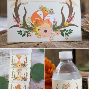 May include: A set of printable party favors featuring a fox, deer, and squirrel wearing floral crowns and antlers. The favors include a thank you card, napkin rings, and water bottle labels. The design is in a woodland theme with a light brown background and orange, pink, and green accents.