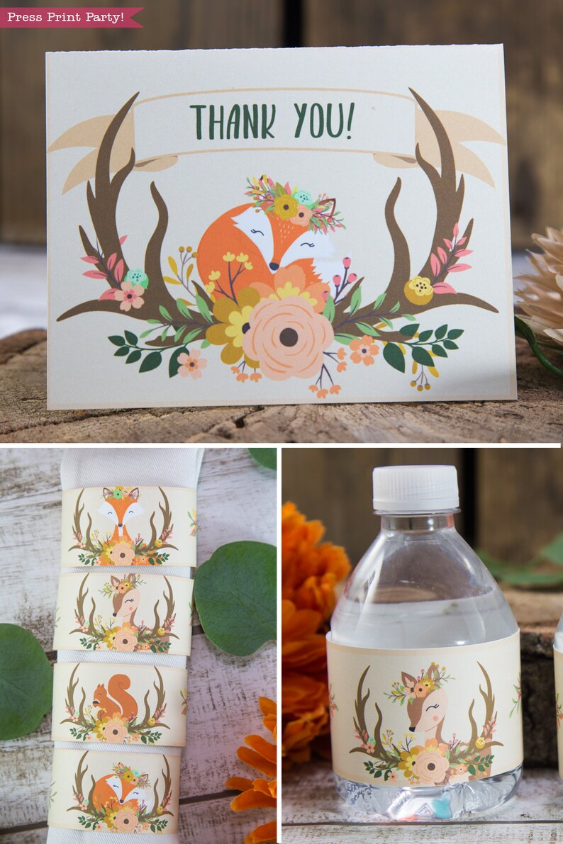 May include: A set of printable party favors featuring a fox, deer, and squirrel wearing floral crowns and antlers. The favors include a thank you card, napkin rings, and water bottle labels. The design is in a woodland theme with a light brown background and orange, pink, and green accents.