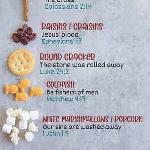 May include: A colorful Easter snack mix with a variety of treats, including pretzel sticks, raisins, goldfish crackers, round crackers, marshmallows, and candy. The image includes text with Bible verses and the title "The Easter Story Snack Mix".