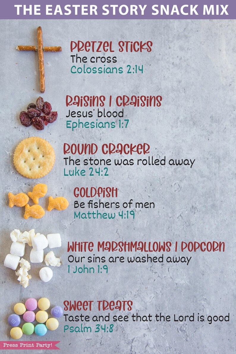 May include: A colorful Easter snack mix with a variety of treats, including pretzel sticks, raisins, goldfish crackers, round crackers, marshmallows, and candy. The image includes text with Bible verses and the title "The Easter Story Snack Mix".