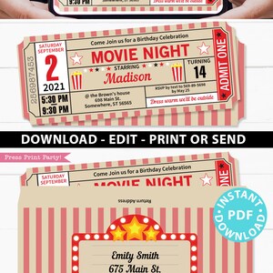 Op de afbeelding: Een printbare uitnodigingskaart voor een filmavond met een rood-wit gestreepte achtergrond. De kaart heeft een vintage filmticketontwerp met een rood-wit gestreepte achtergrond. De tekst op de kaart zegt "Filmavond" en "Madison" met een sterbeoordeling. De kaart bevat ook de datum, tijd en locatie van het evenement. De tekst "Alle tekst is bewerkbaar" staat onderaan de kaart.