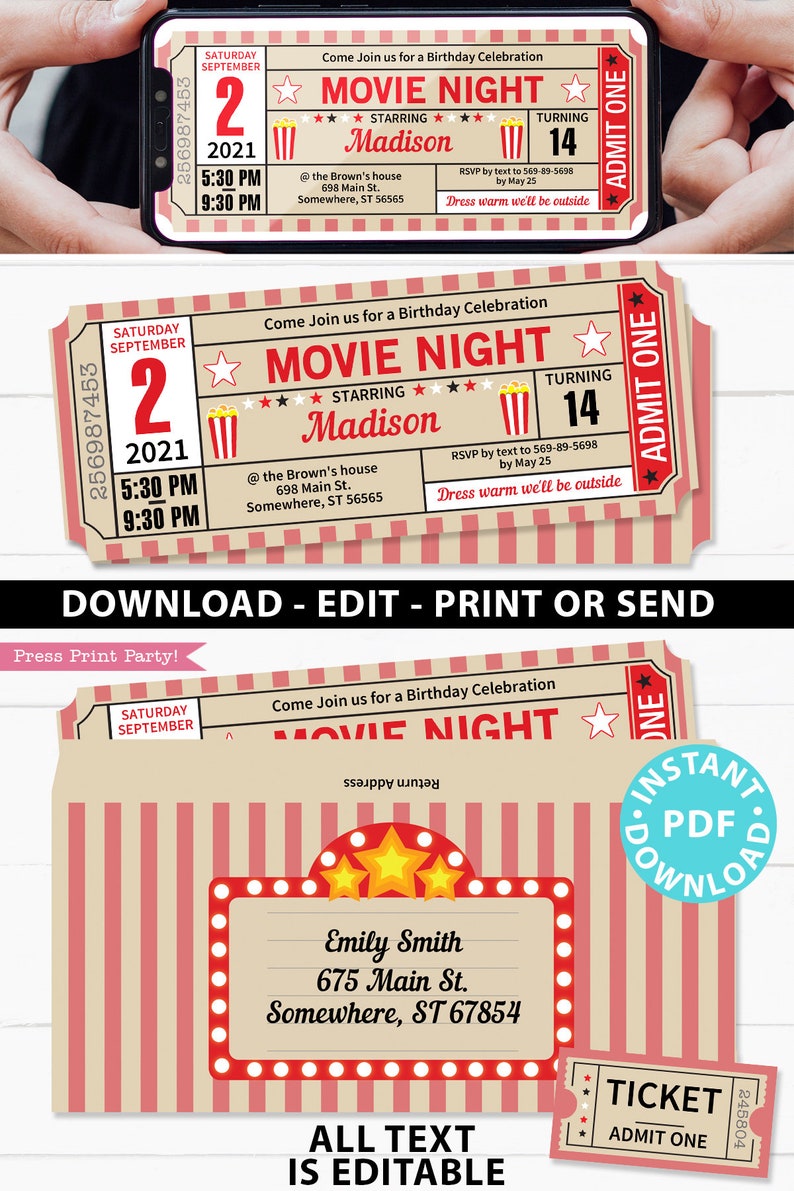 Op de afbeelding: Een printbare uitnodigingskaart voor een filmavond met een rood-wit gestreepte achtergrond. De kaart heeft een vintage filmticketontwerp met een rood-wit gestreepte achtergrond. De tekst op de kaart zegt "Filmavond" en "Madison" met een sterbeoordeling. De kaart bevat ook de datum, tijd en locatie van het evenement. De tekst "Alle tekst is bewerkbaar" staat onderaan de kaart.