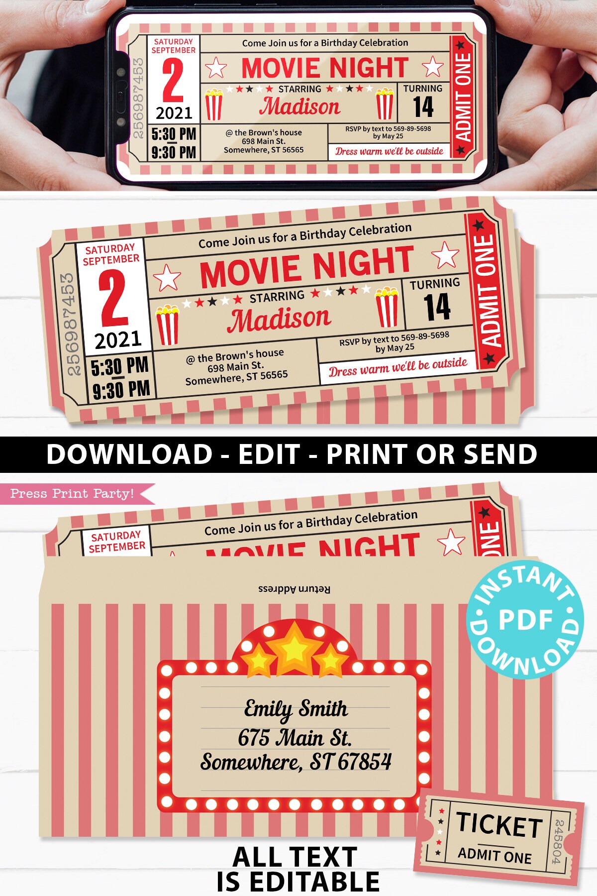 Movie Night Party Printables RED Vintage, Movie Night Invitation ...