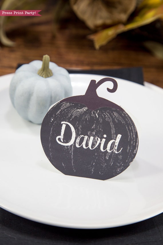 Thanksgiving Place Cards Printable, Black Chalkboard Pumpkin Printable ...