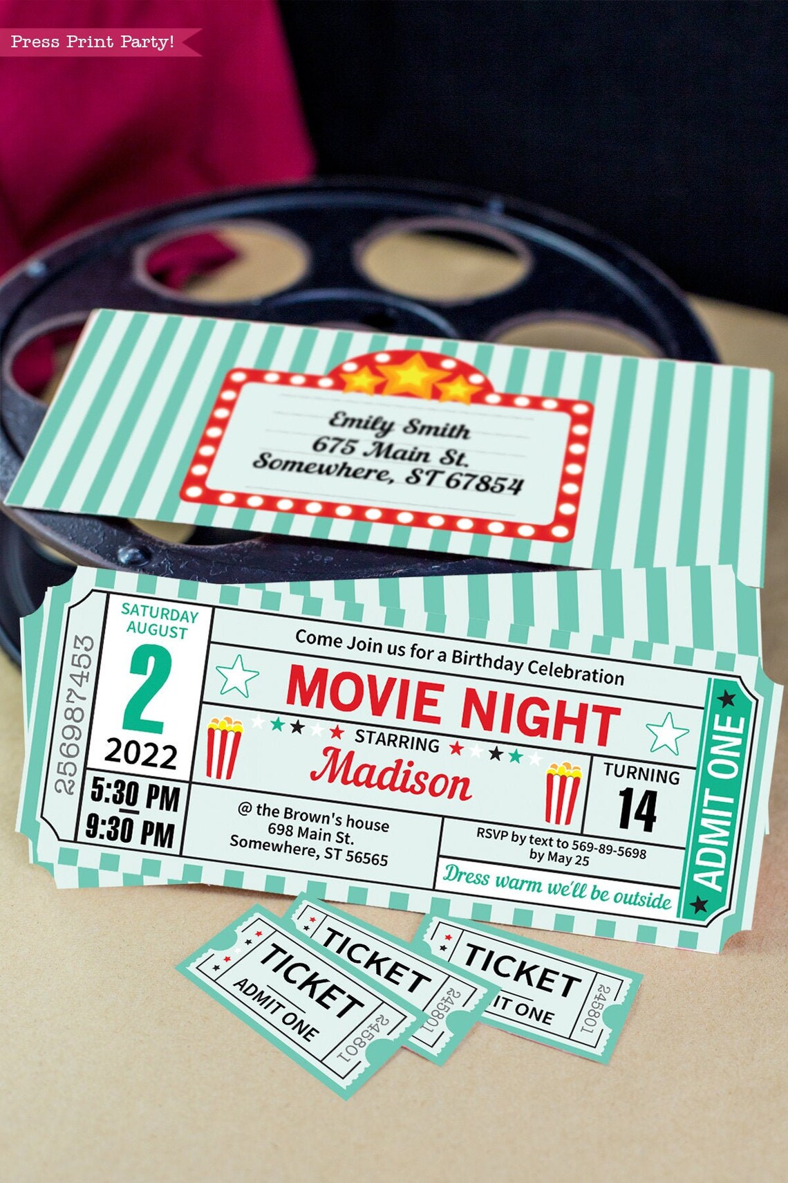 Movie Ticket Invitation Printables TEAL rustic Movie Night | Etsy