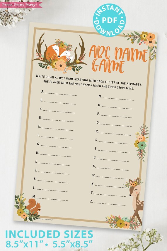 Woodland Baby Shower ABC Baby Shower Name Game Printable, Forest Animals, Baby Shower Game Template, Activities, Girl, Boy, INSTANT DOWNLOAD by Press Print Party! | Catch My Party Woodland Baby Shower ABC Baby Shower Name Game Printable, Forest Animals, Baby Shower Game Template, Activities, Girl, Boy, INSTANT DOWNLOAD by Press Print Party! | Catch My Party