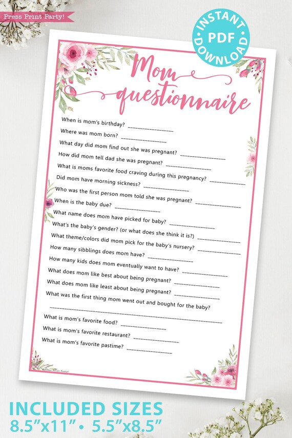 Mom Questionnaire Baby Shower Game Printable, Pink Flowers Baby Shower Game Template, Funny Baby Shower Activities, Girl, INSTANT DOWNLOAD Il_570xn