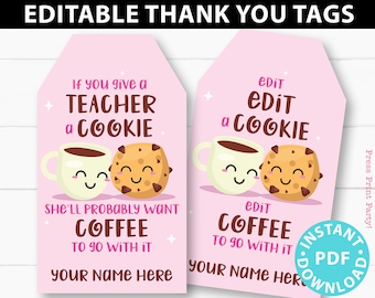 Teacher Appreciation Gift Printable Tag for Cookies, Coffee, Pink, Gifts for Teacher Appreciation Week, Thank you Editable, INSTANT DOWNLOAD