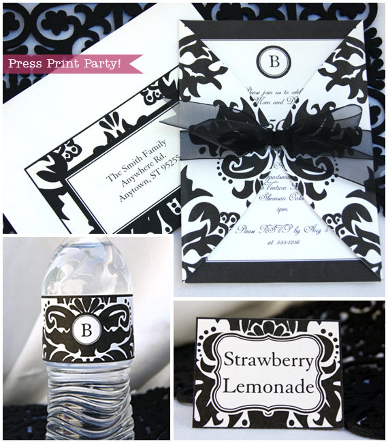 Damask Black White Party Printables DIY Wedding Set - Etsy