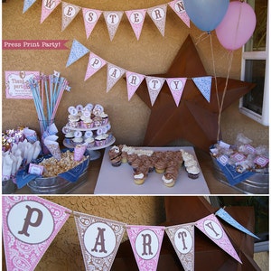 Cowgirl Birthday Party Printable Set, Cowgirl Party Decorations, Cowgirl Birthday Invitations, Banner, Favors, Pink, Brown, INSTANT DOWNLOAD