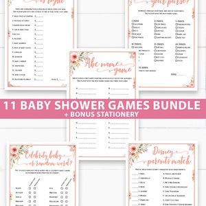 Baby Shower Games Bundle Printable, Peach Flowers, Games Pack, Unique Baby Shower Games, Funny Activities, Girl, Bingo, INSTANT DOWNLOAD image 2