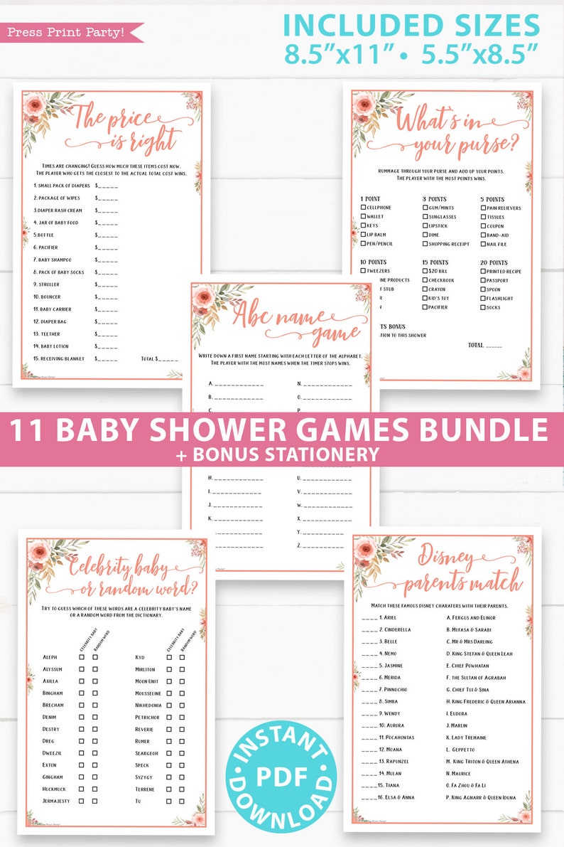 Baby Shower Games Bundle Printable, Peach Flowers, Games Pack, Unique Baby Shower Games, Funny Activities, Girl, Bingo, INSTANT DOWNLOAD image 2