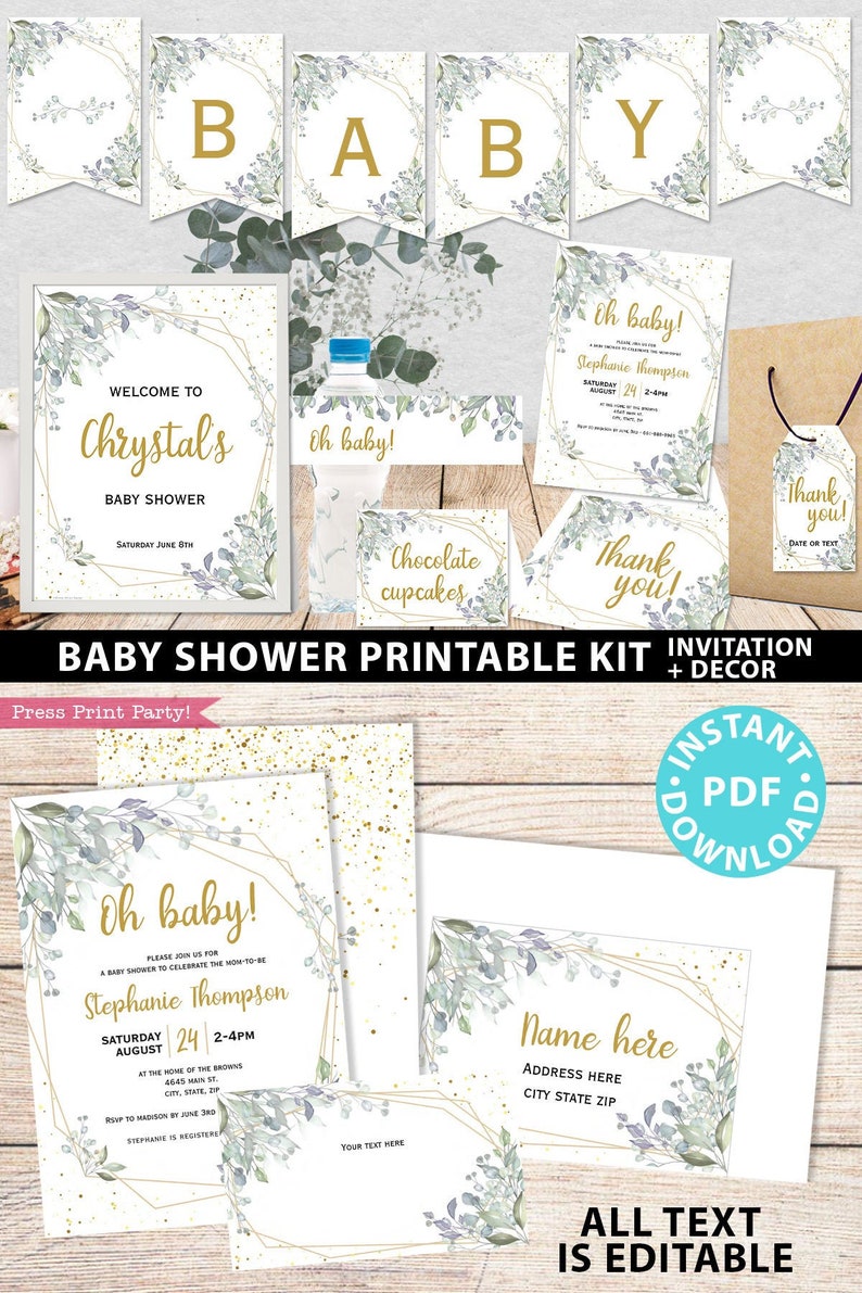 Baby Shower Printable Decoration Kit, Girl Baby Shower Template Bundle, Greenery Baby girl decor, Oh Baby Invitation, INSTANT DOWNLOAD image 1