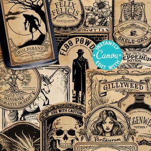 May include: A collection of 17 vintage-style apothecary labels featuring black ink illustrations on aged paper backgrounds. Designs include imagery of skeletons, dragons, wolves, and text such as Wolfsbane, Felix Felicis, and Veritaserum.