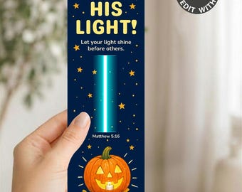 Christian Halloween Glow Stick Card, Shine His Light Jack O Lantern Favor Tag, Editable Canva Printable, Church Fall Festival Treat Holder