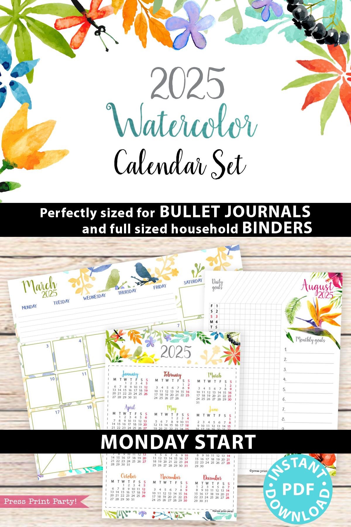 MONDAY Start 2025 Calendar Printable Set Watercolor Bullet Journal Planner Kit BUJO Monthly Task Goal Habit Tracker Yearly Pages Bundle - Etsy monday-start-2025-calendar-printable-set-watercolor-bullet-journal-planner-kit-bujo-monthly-task-goal-habit-tracker-yearly-pages-bundle-etsy