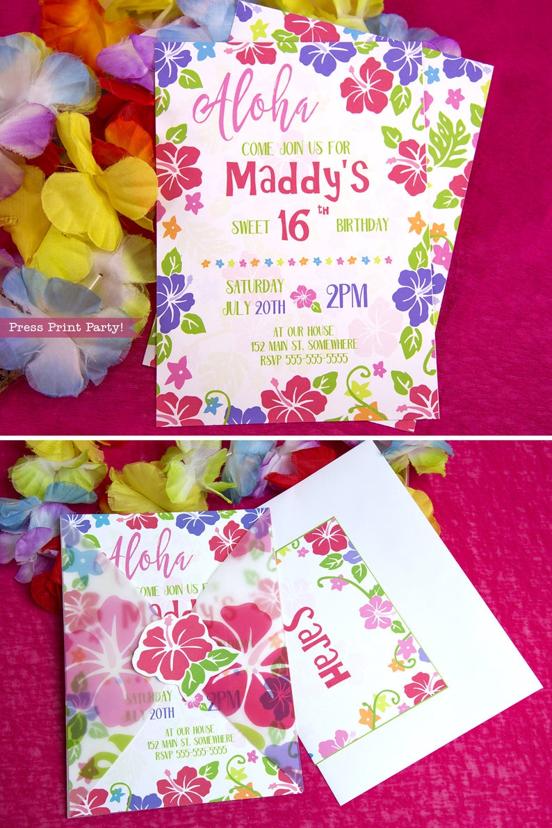 May include: Aloha themed birthday party invitation with pink, green, and purple hibiscus flowers. The invitation says "Aloha Come Join Us For Maddy's Sweet 16th Birthday" and includes the date, time, and location of the party.